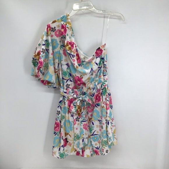 ENTRO Floral One Shoulder Bubble Sleeve Romper Summer Beach Casual Size L - Picture 5 of 8